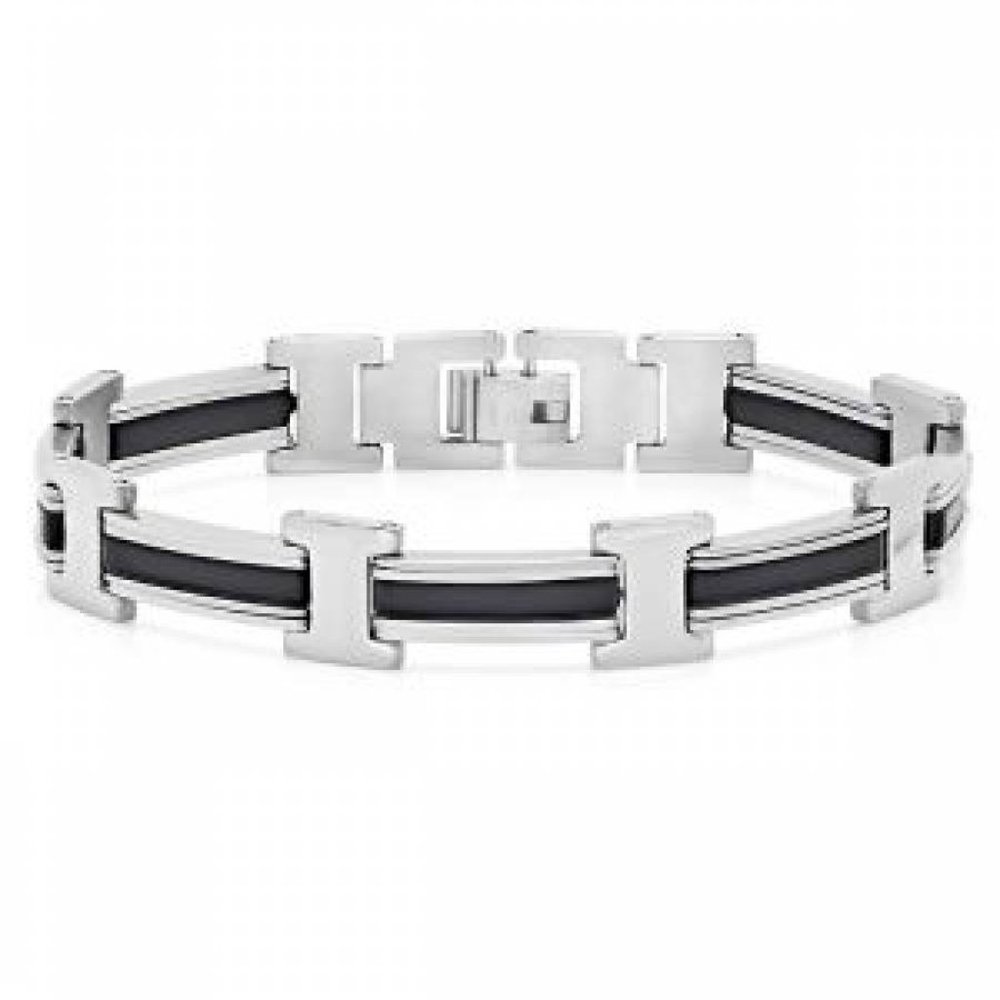 STAINLESS STEEL Black Rubber bracelet 8"  Unisex high quality NWT